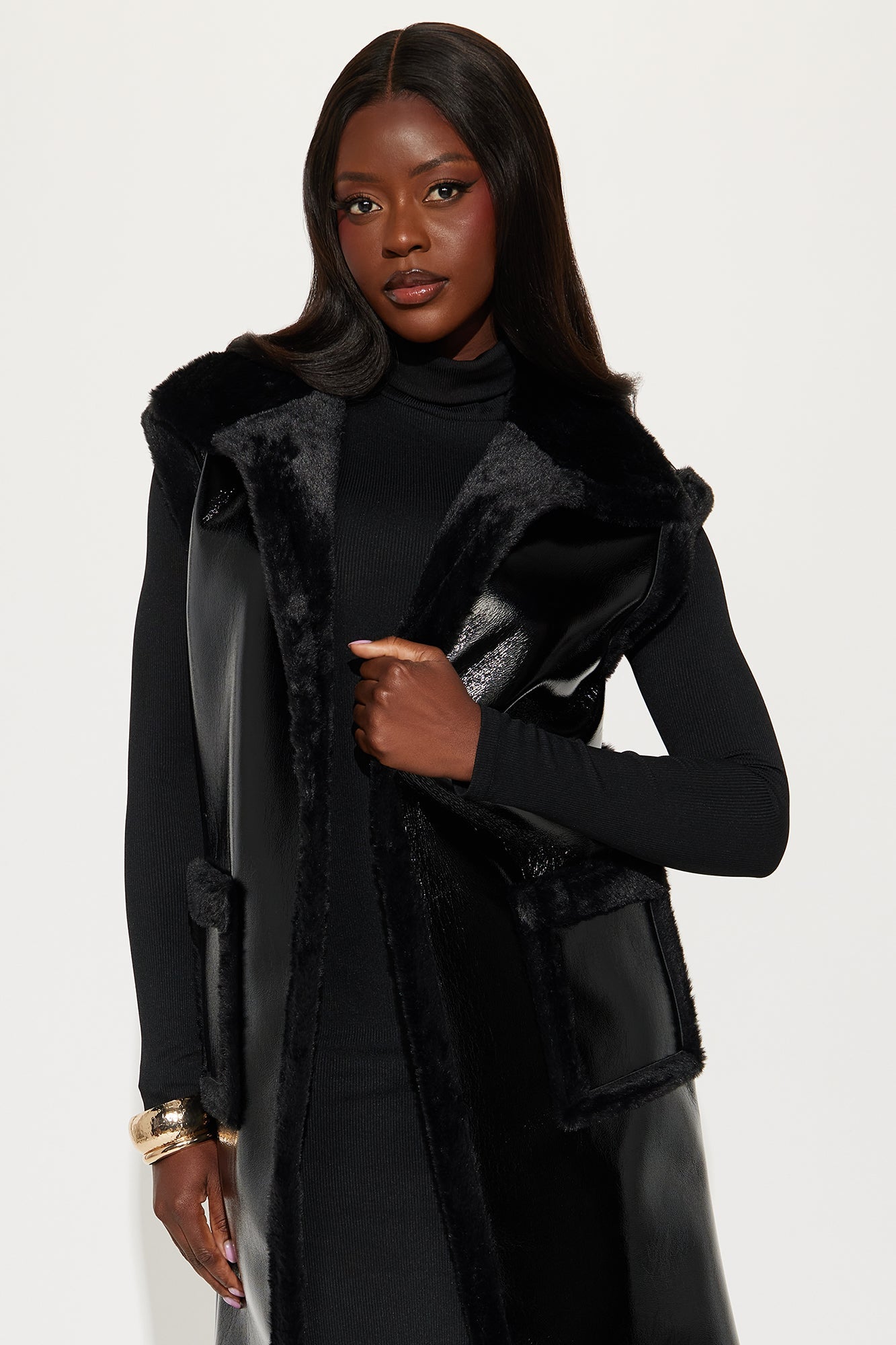 Rule Breaker Shearling Long Vest - Black