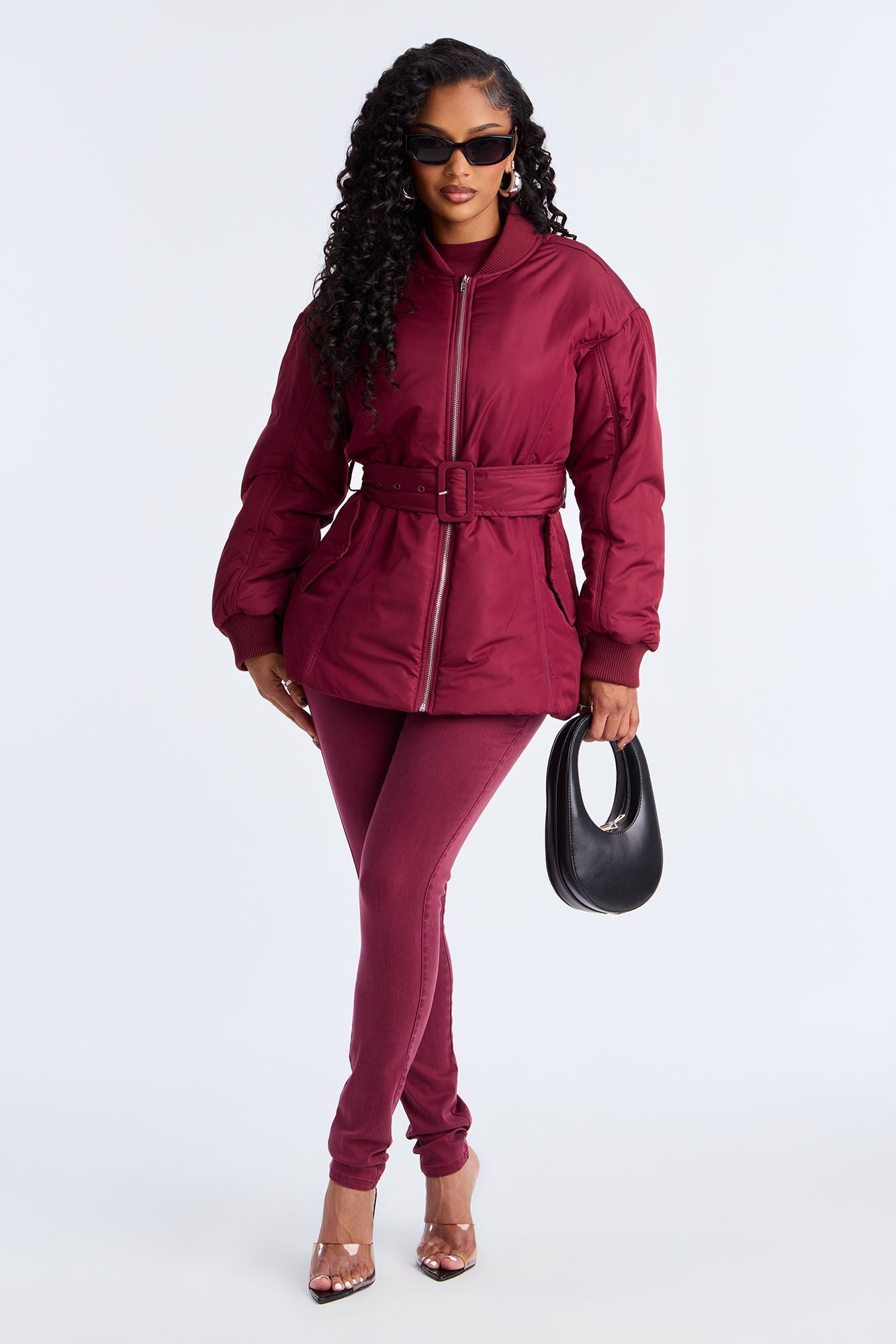 Giana Belted Puffer Jacket - Burgundy