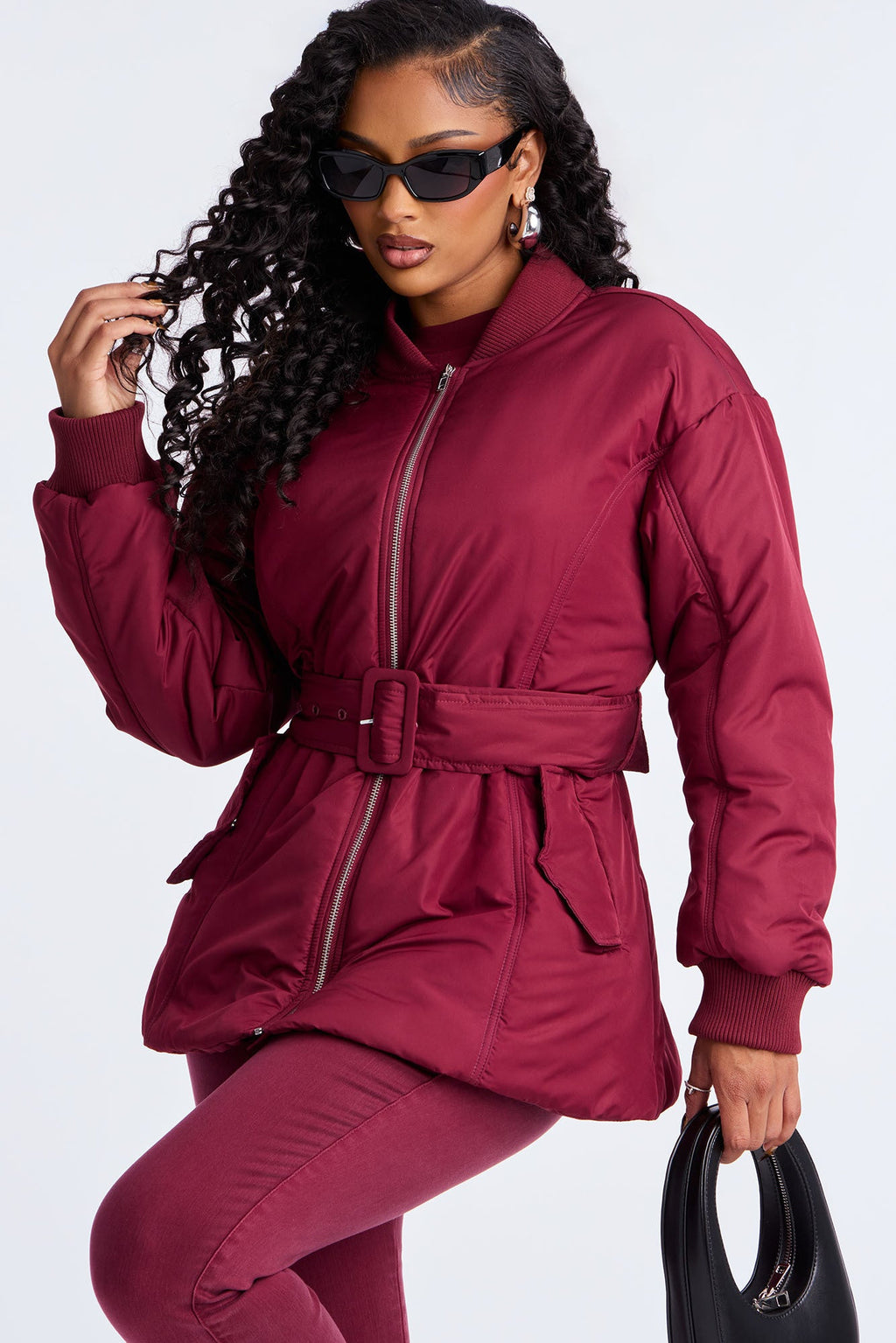 Giana Belted Puffer Jacket - Burgundy