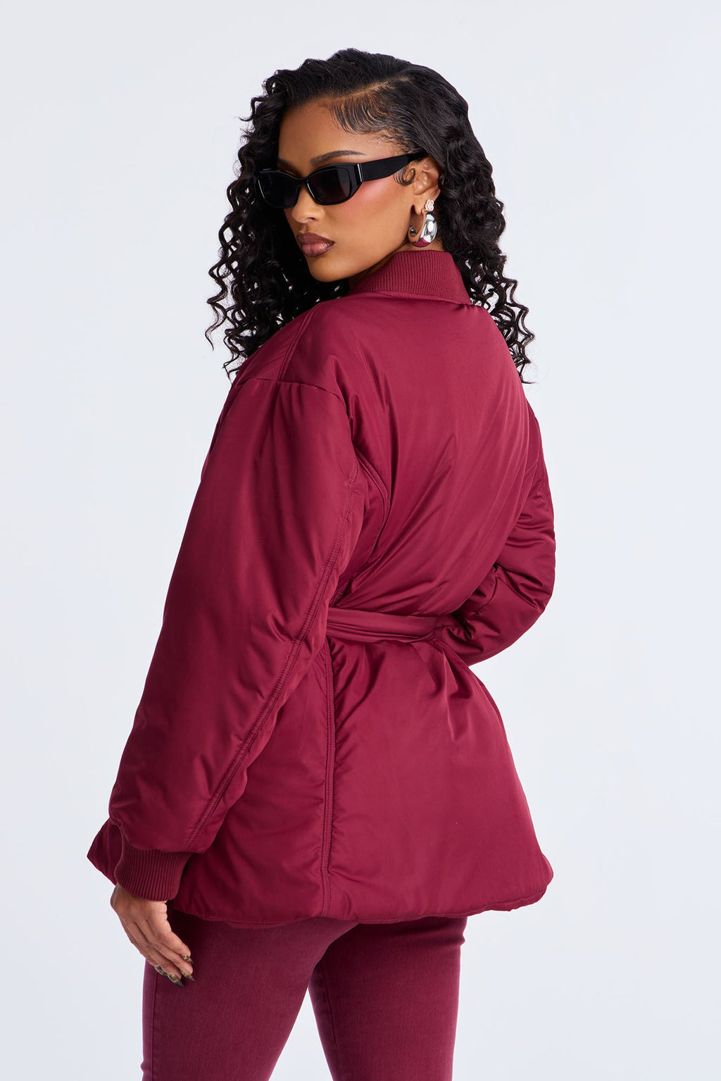 Giana Belted Puffer Jacket - Burgundy