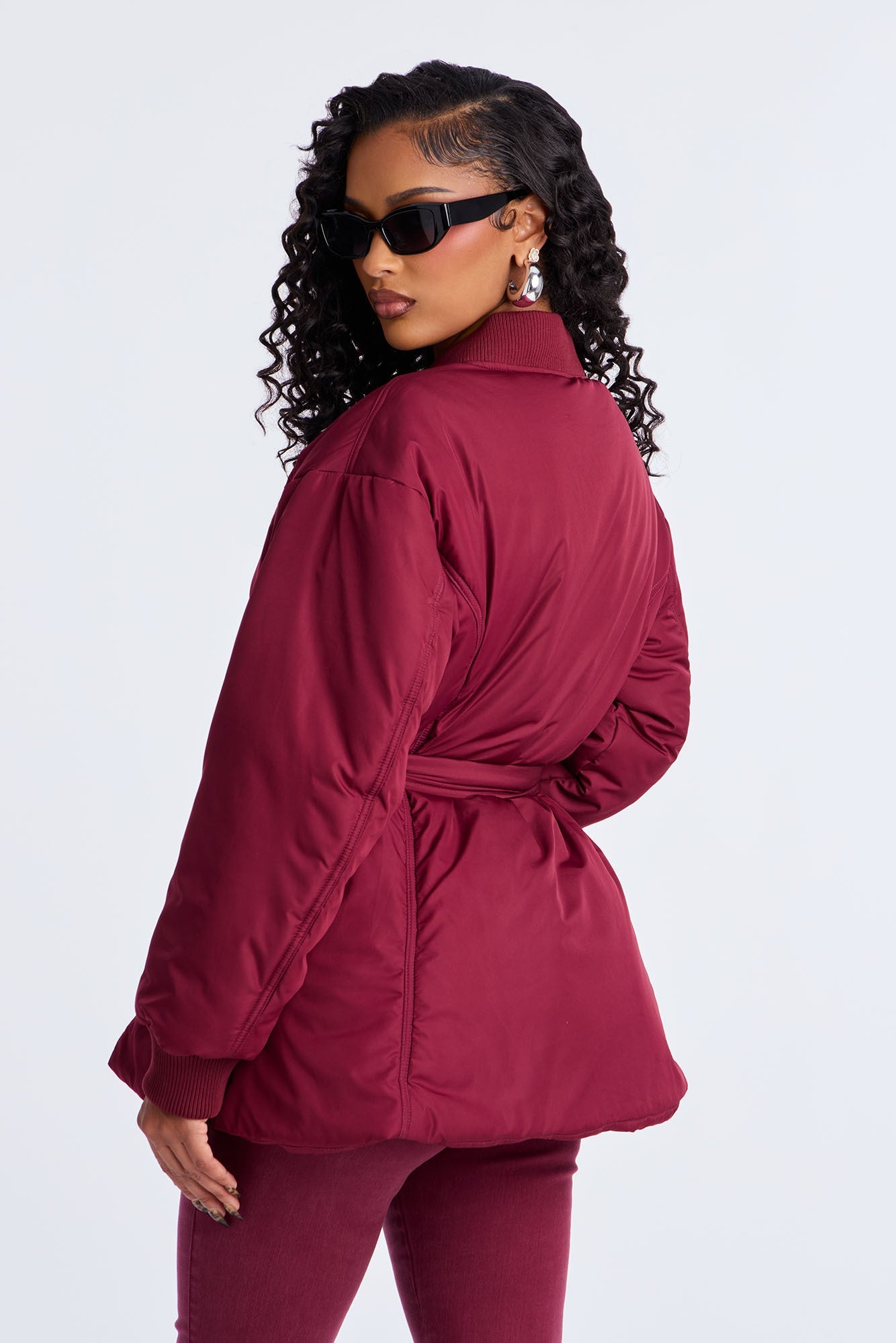 Giana Belted Puffer Jacket - Burgundy