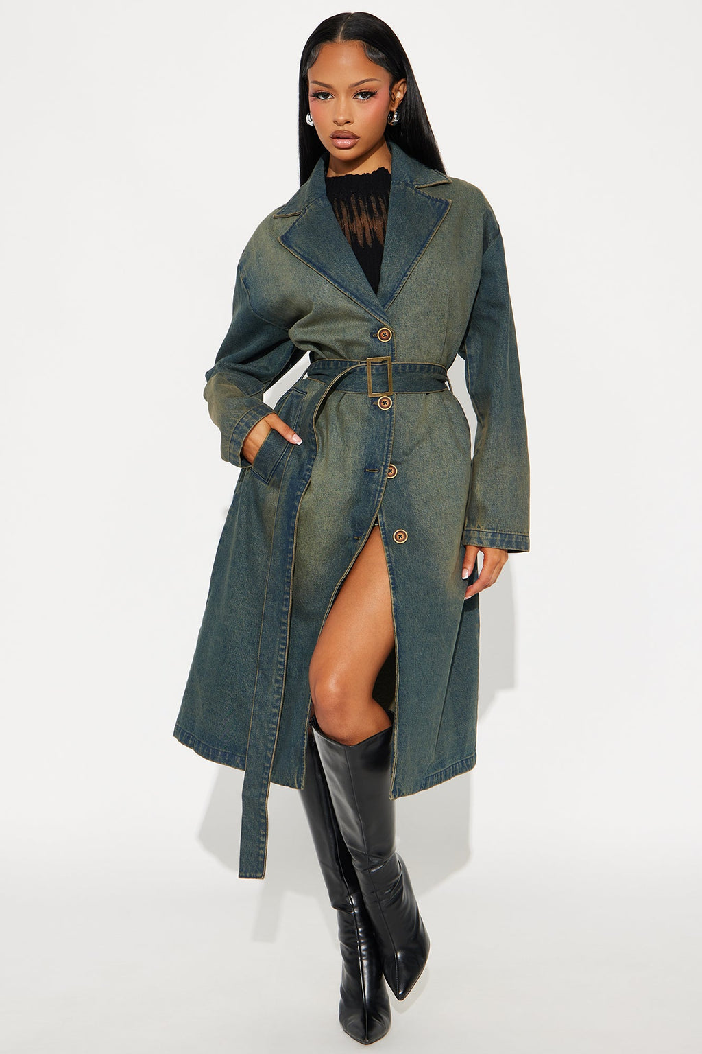 Jade Washed Denim Belted Trench - Vintage Wash