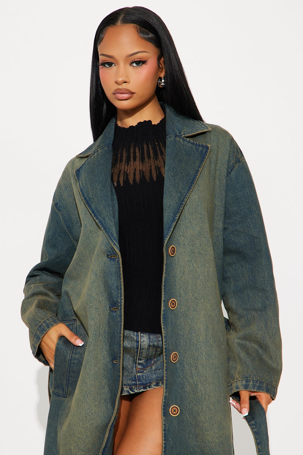 Jade Washed Denim Belted Trench - Vintage Wash