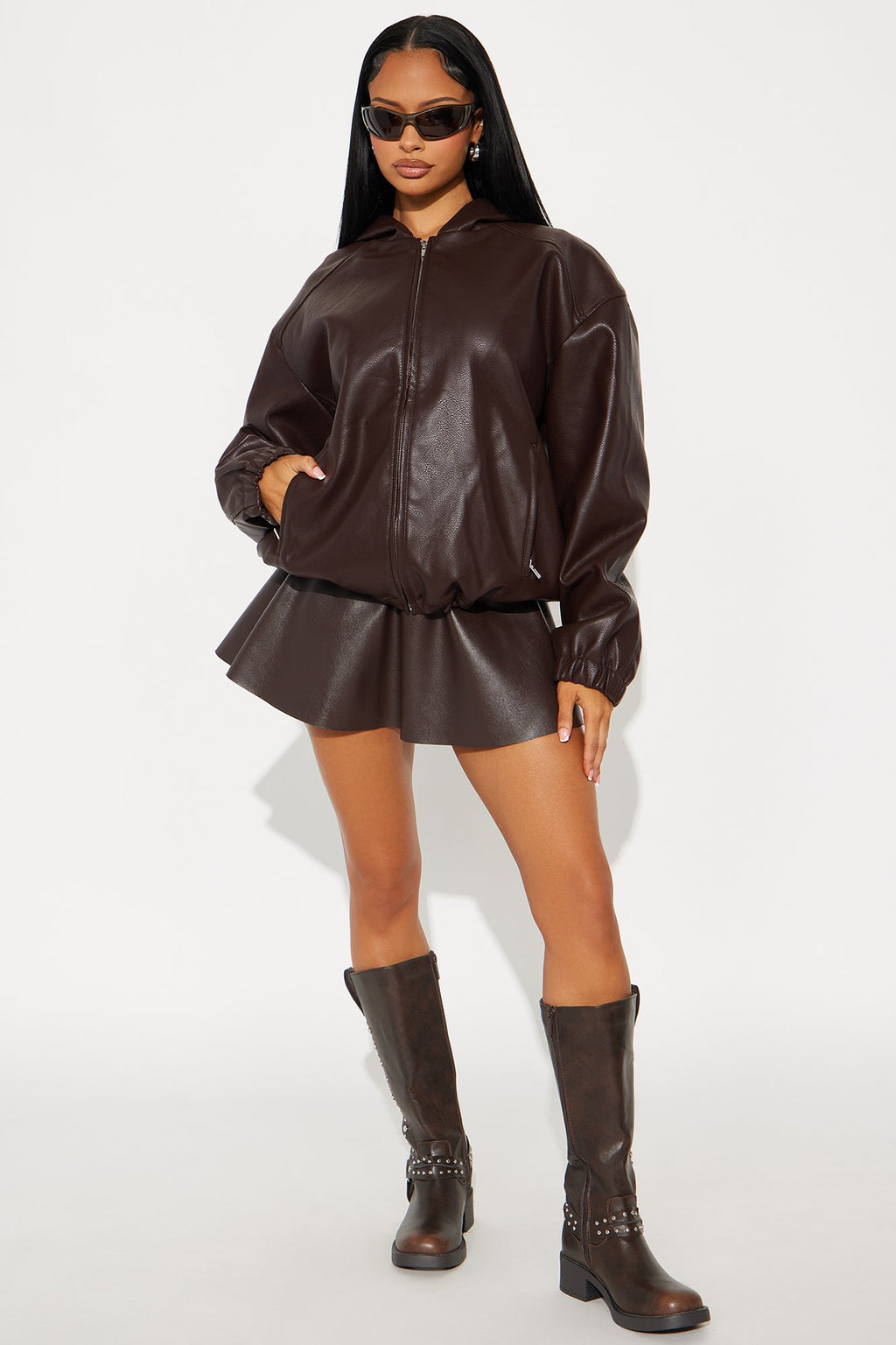 The Hottest Topic Faux Leather Oversized Bomber Jacket - Dark Brown