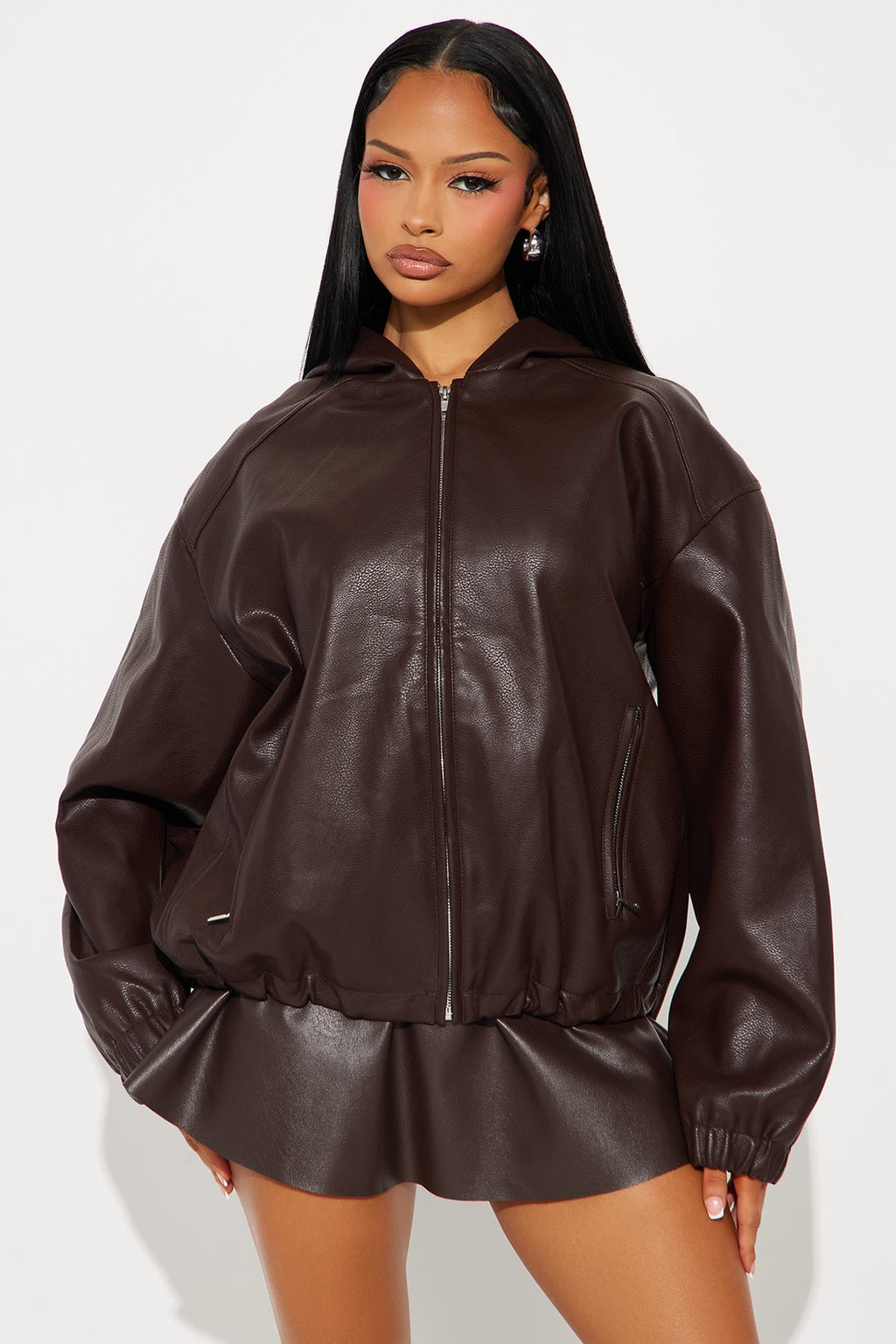 The Hottest Topic Faux Leather Oversized Bomber Jacket - Dark Brown