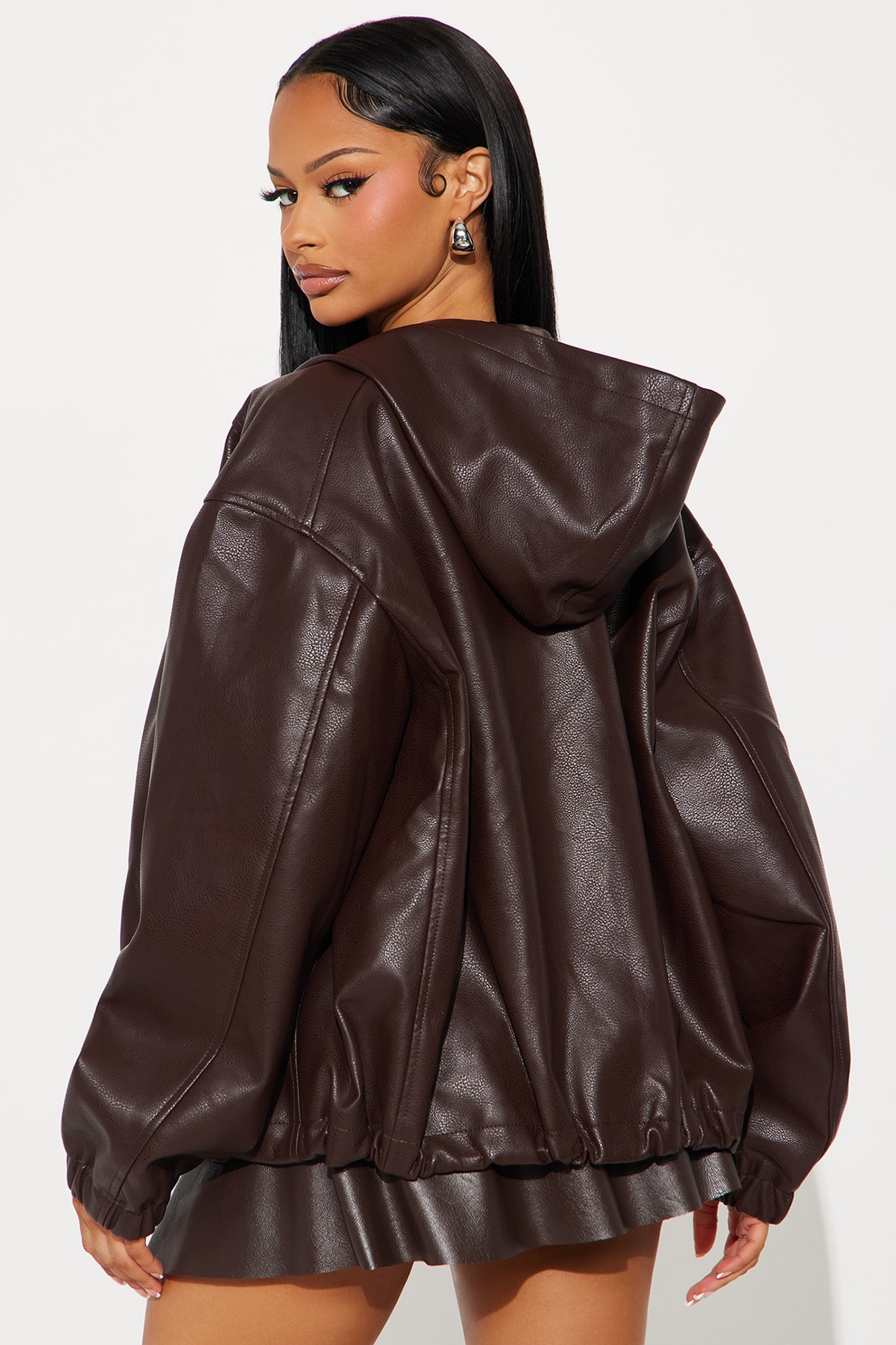 The Hottest Topic Faux Leather Oversized Bomber Jacket - Dark Brown