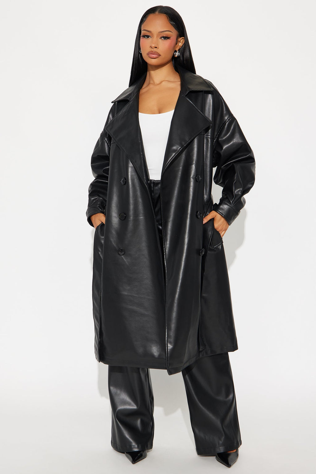Celeste Faux Leather Trench - Black