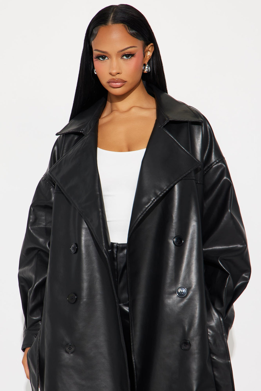 Celeste Faux Leather Trench - Black