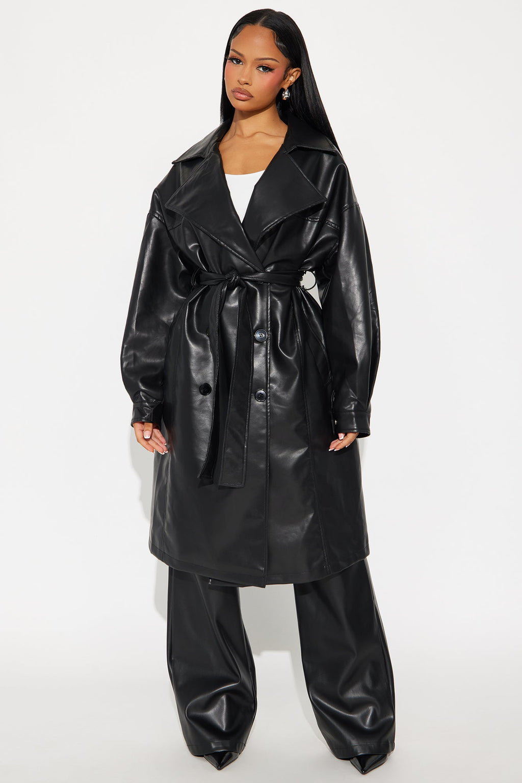 Celeste Faux Leather Trench - Black