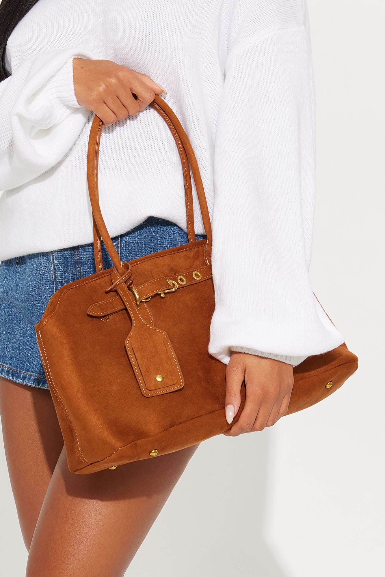 Sundance Suede Buckle Detail Shoulder Handbag - Cognac