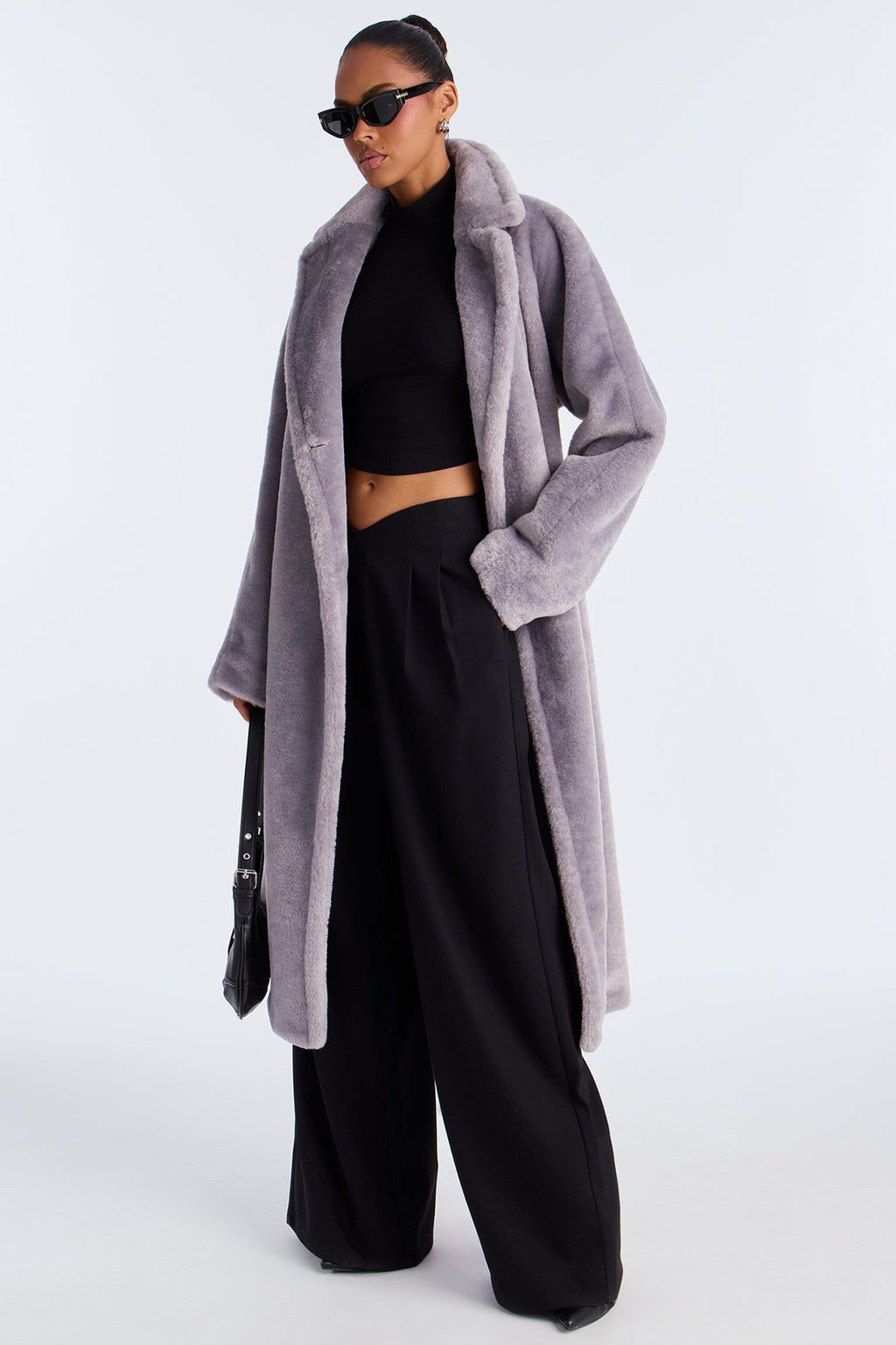 Natasha Belted Faux Fur Long Coat - Grey