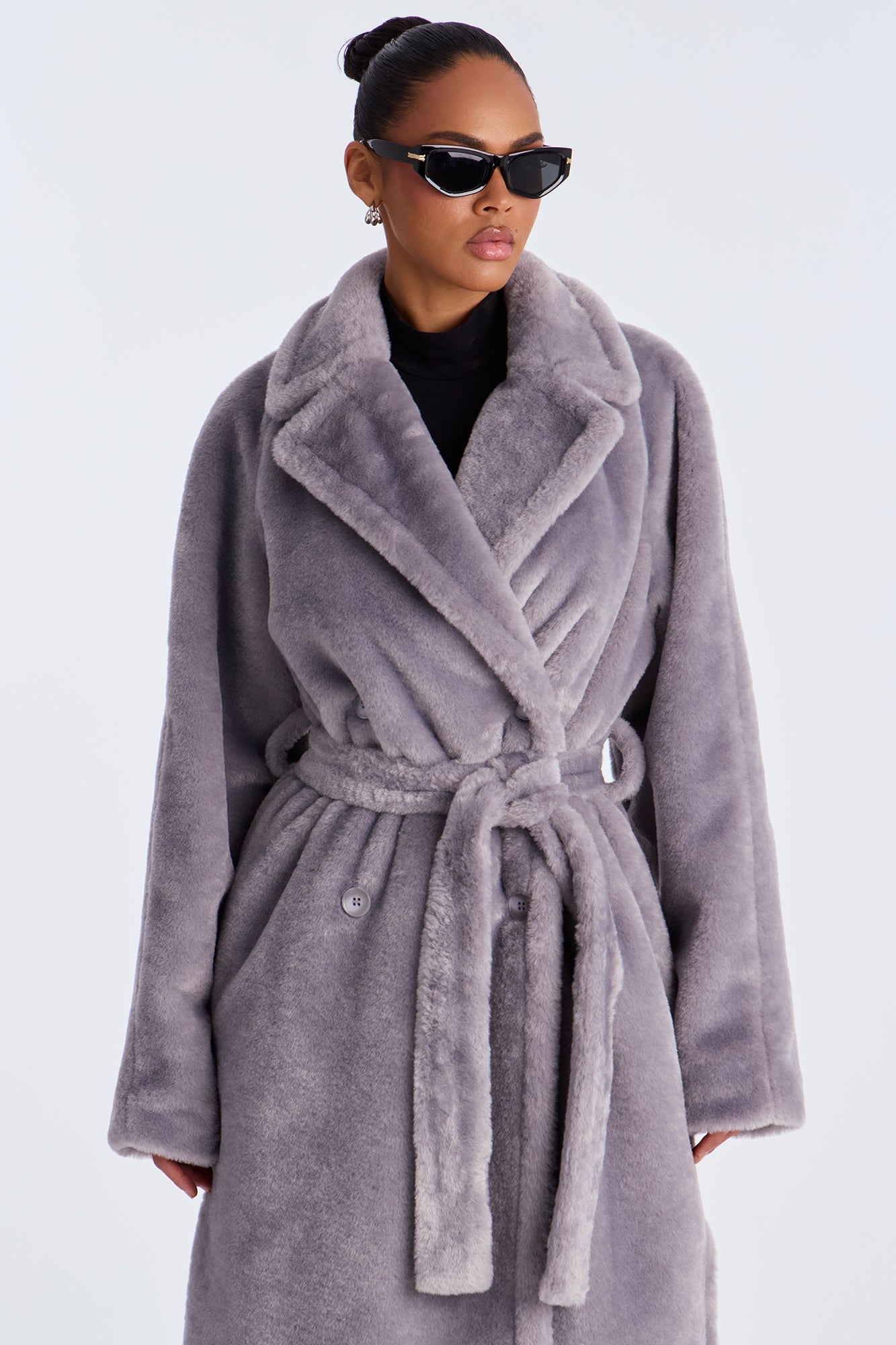 Natasha Belted Faux Fur Long Coat - Grey