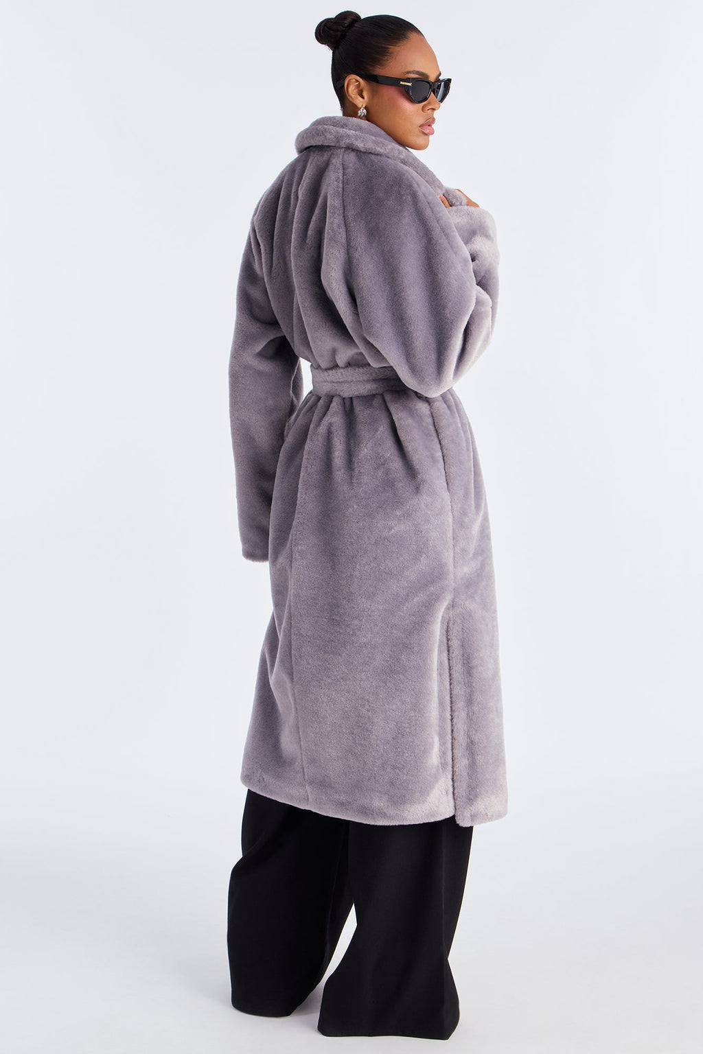 Natasha Belted Faux Fur Long Coat - Grey