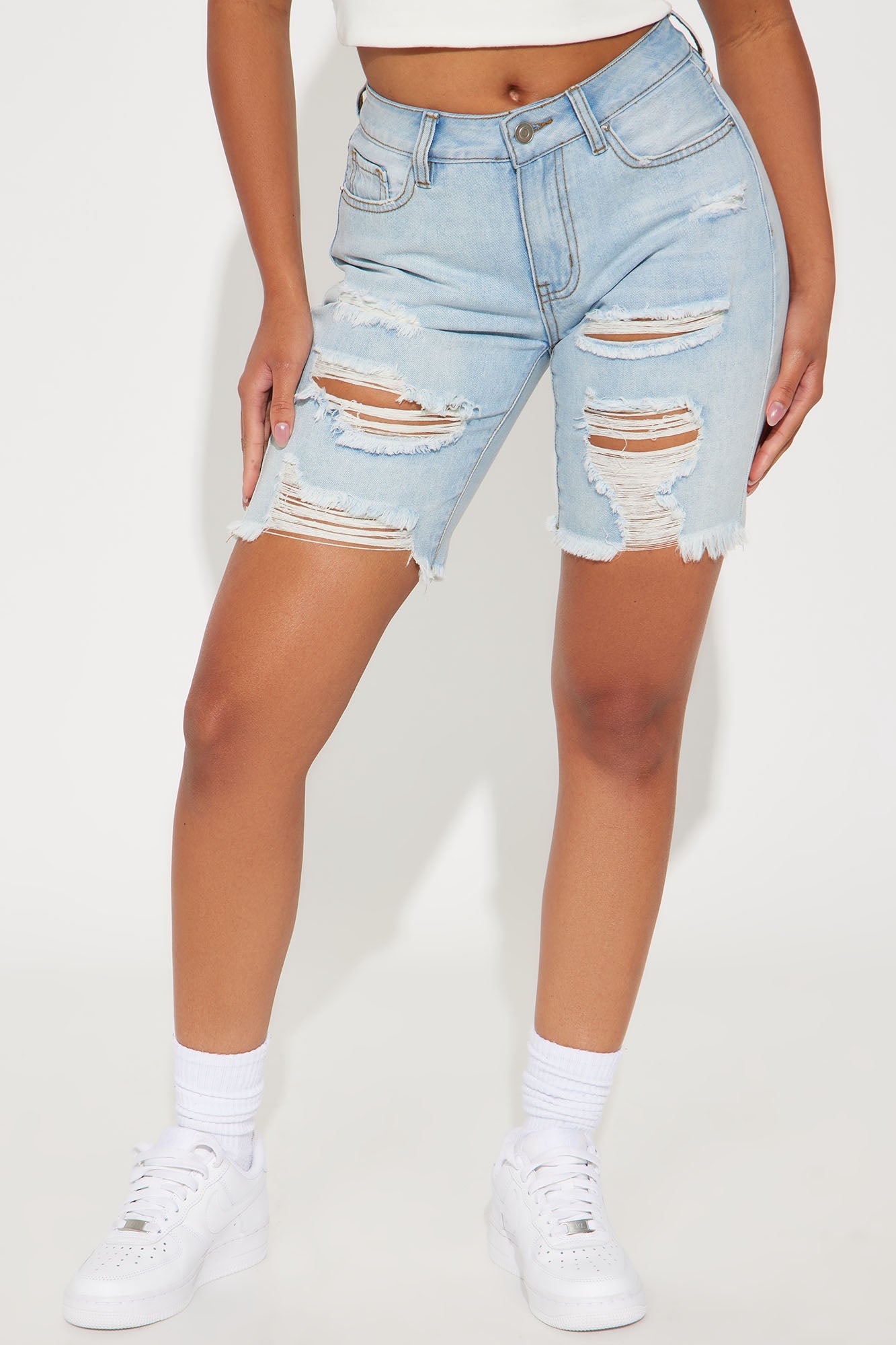 The Mixer Distressed Denim Bermudas - Light Blue Wash