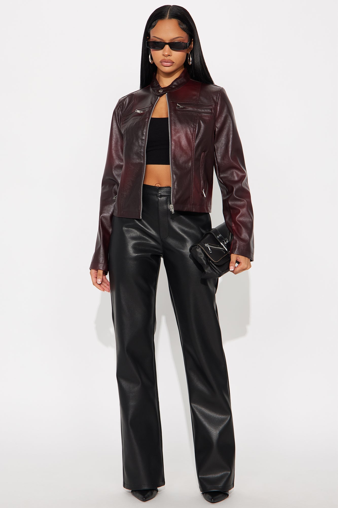 Burning Rose Washed Faux Leather Moto Jacket - Wine