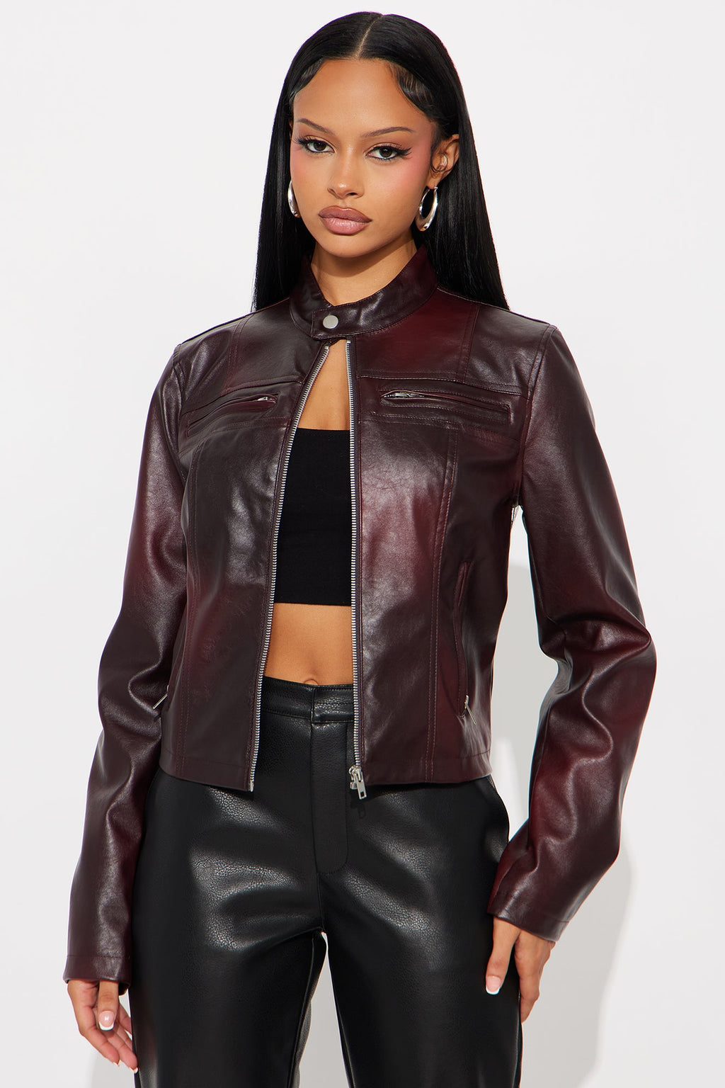 Burning Rose Washed Faux Leather Moto Jacket - Wine