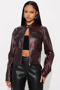 Burning Rose Washed Faux Leather Moto Jacket - Wine