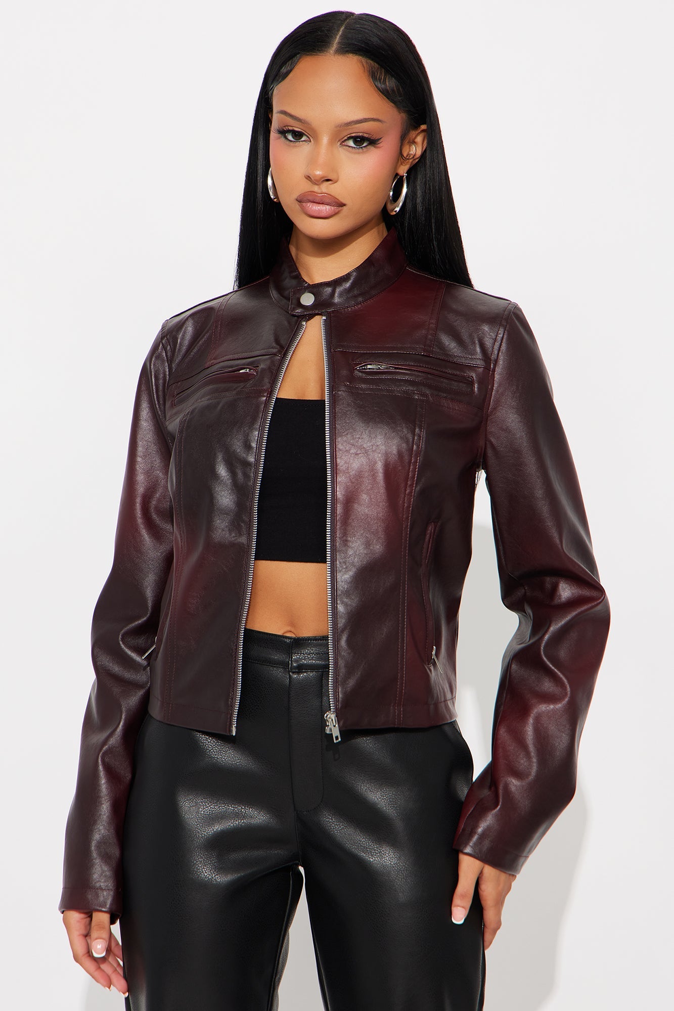 Burning Rose Washed Faux Leather Moto Jacket - Wine