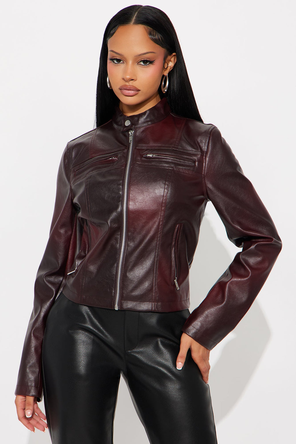 Burning Rose Washed Faux Leather Moto Jacket - Wine