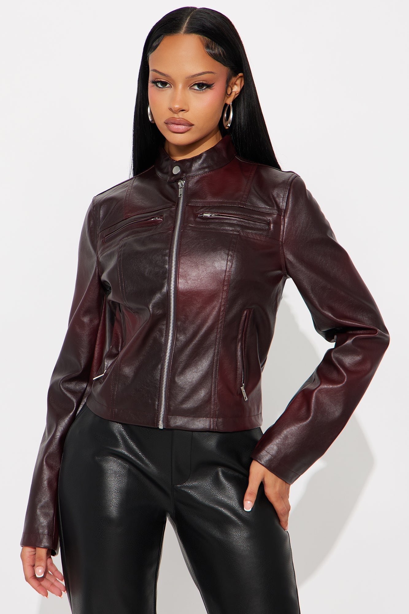 Burning Rose Washed Faux Leather Moto Jacket - Wine