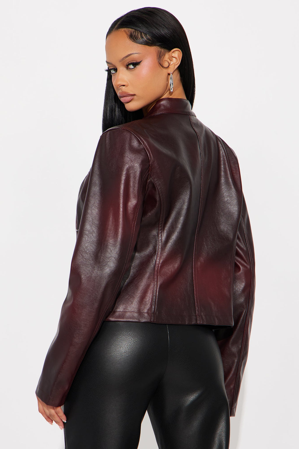 Burning Rose Washed Faux Leather Moto Jacket - Wine