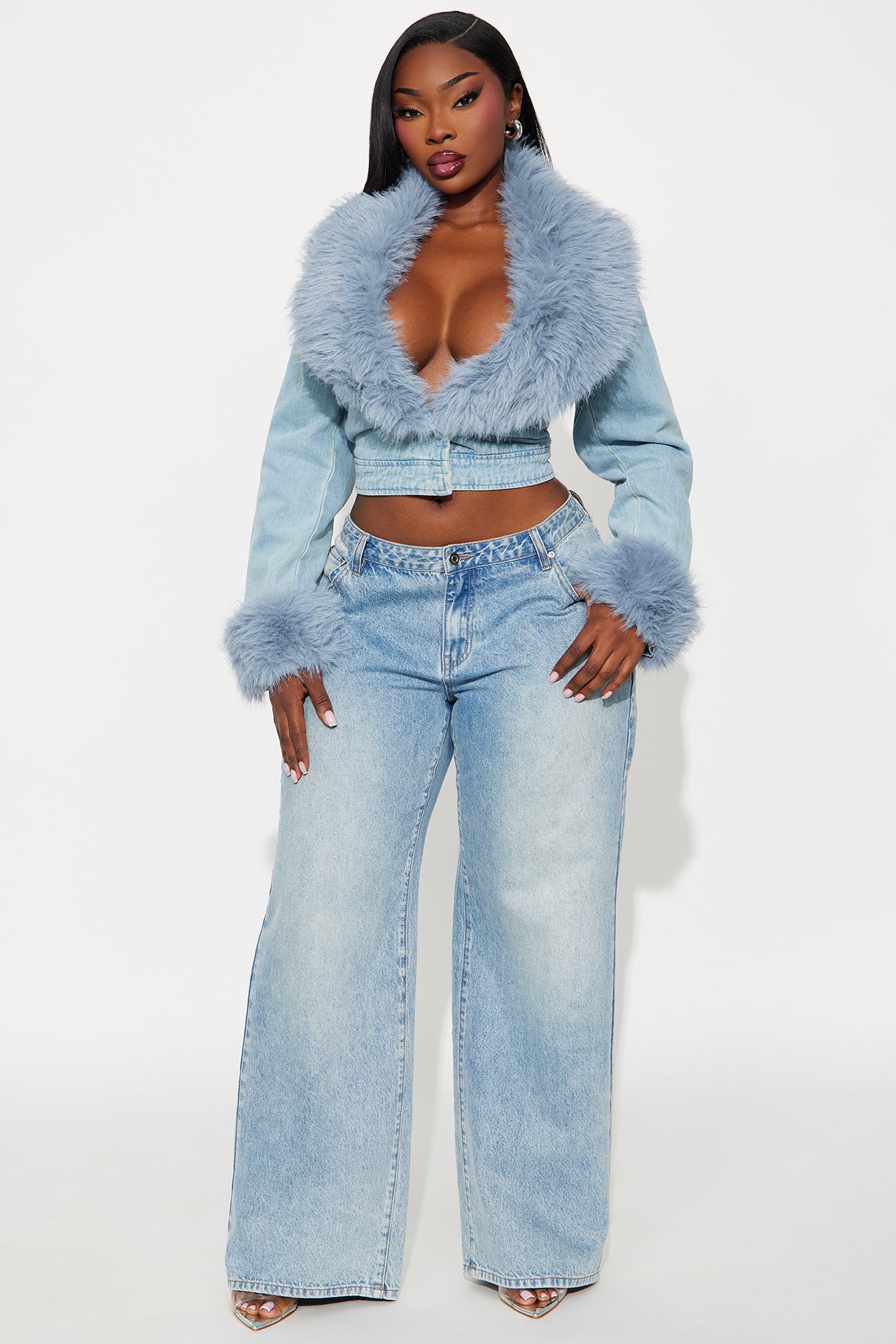 All For You Faux Fur Cropped Jacket - Light Wash