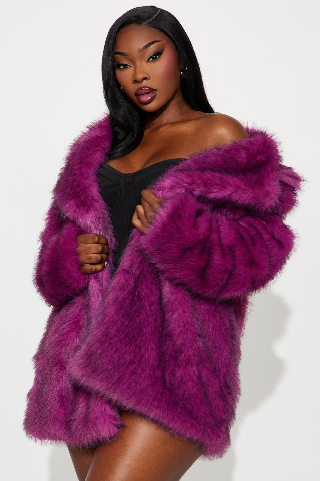 Show Off Two Toned Faux Fur Coat - Plum
