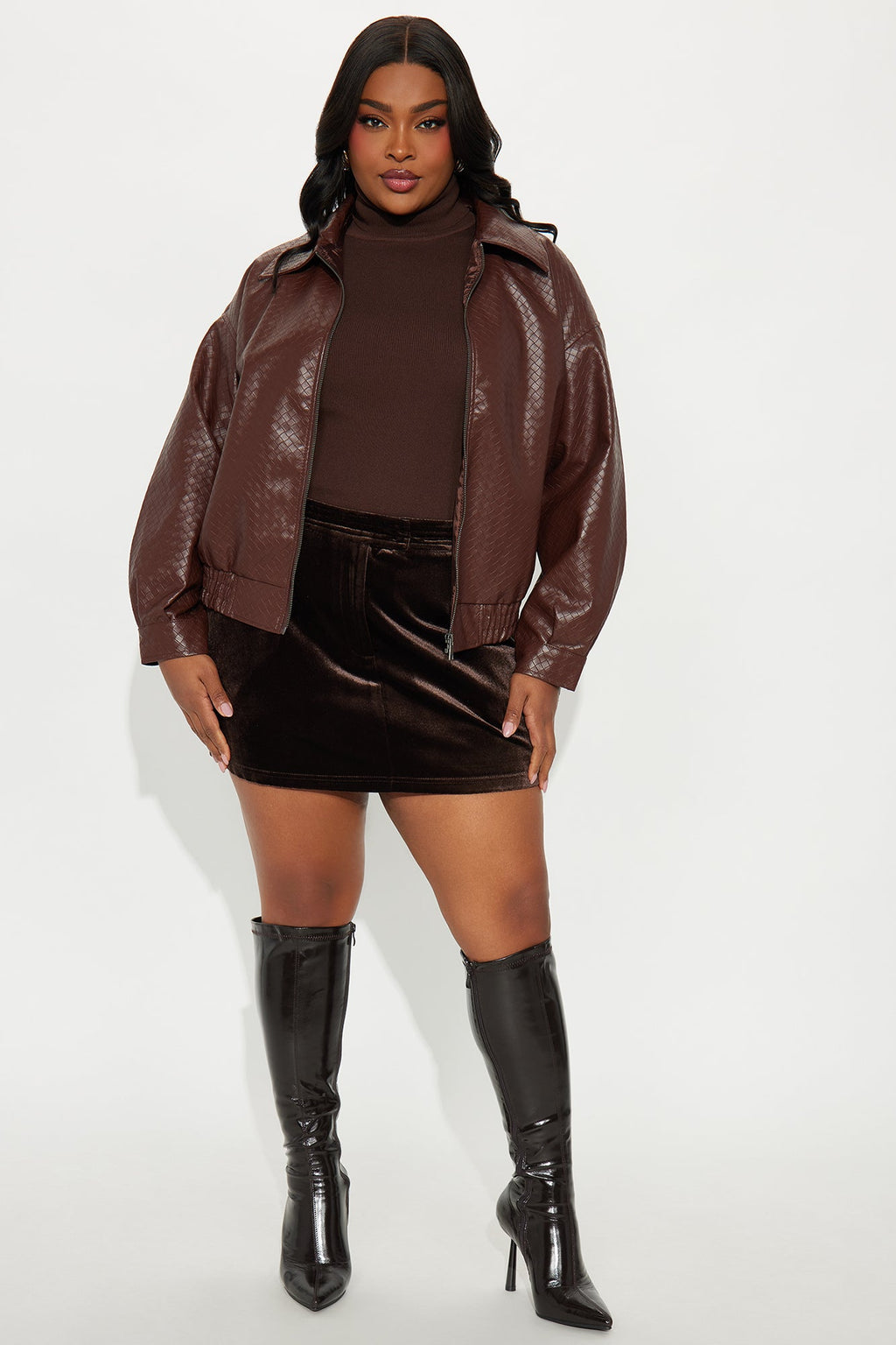 Lea Woven Faux Leather Bomber Jacket - Chocolate
