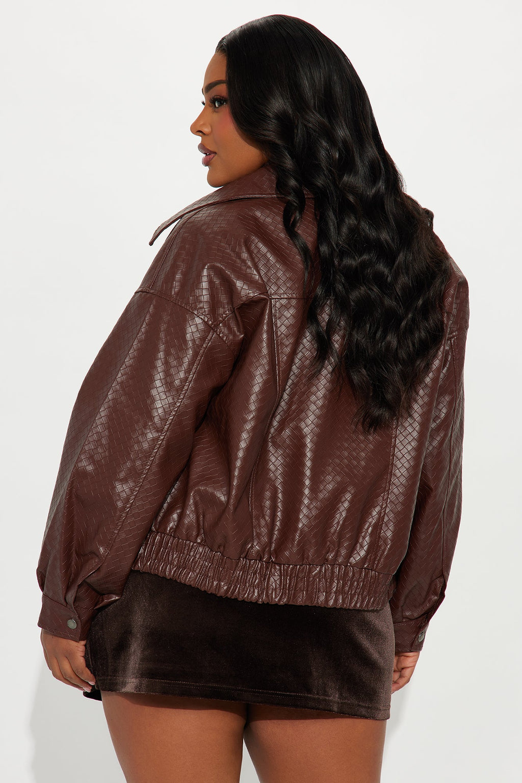 Lea Woven Faux Leather Bomber Jacket - Chocolate