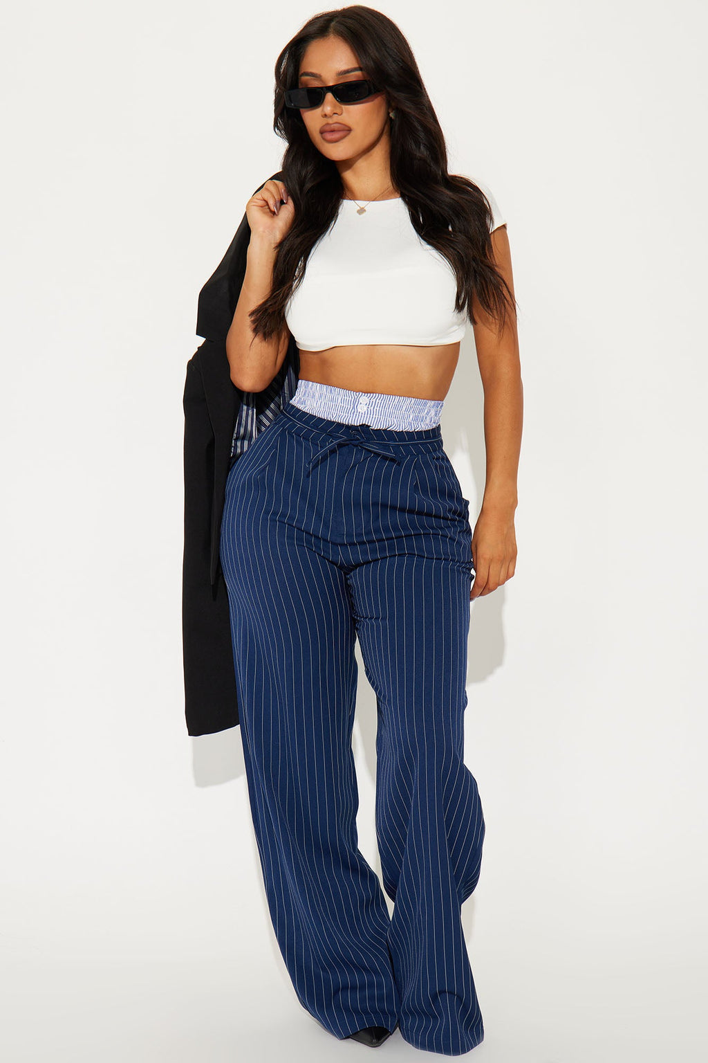 Nathalie Double Waistband Pinstripe Trouser - Navy/combo