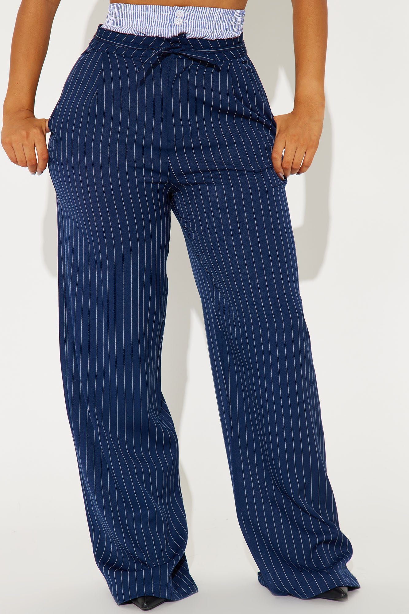Nathalie Double Waistband Pinstripe Trouser - Navy/combo