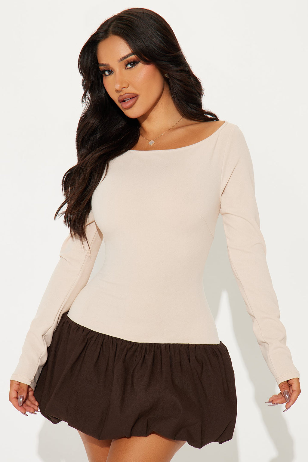 Ember Long Sleeve Boat Neck Bubble Mini Dress - Brown/combo