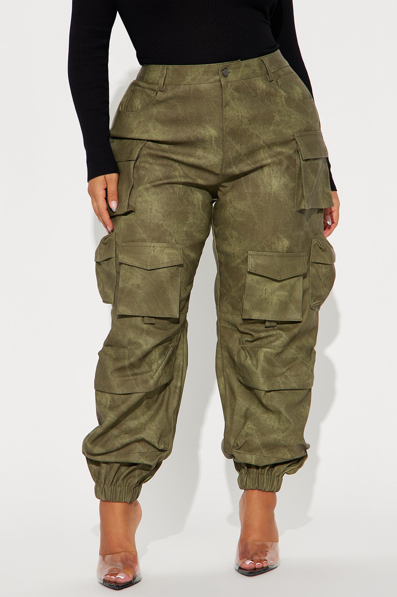 Harvey Washed Faux Leather Cargo Jogger - Olive