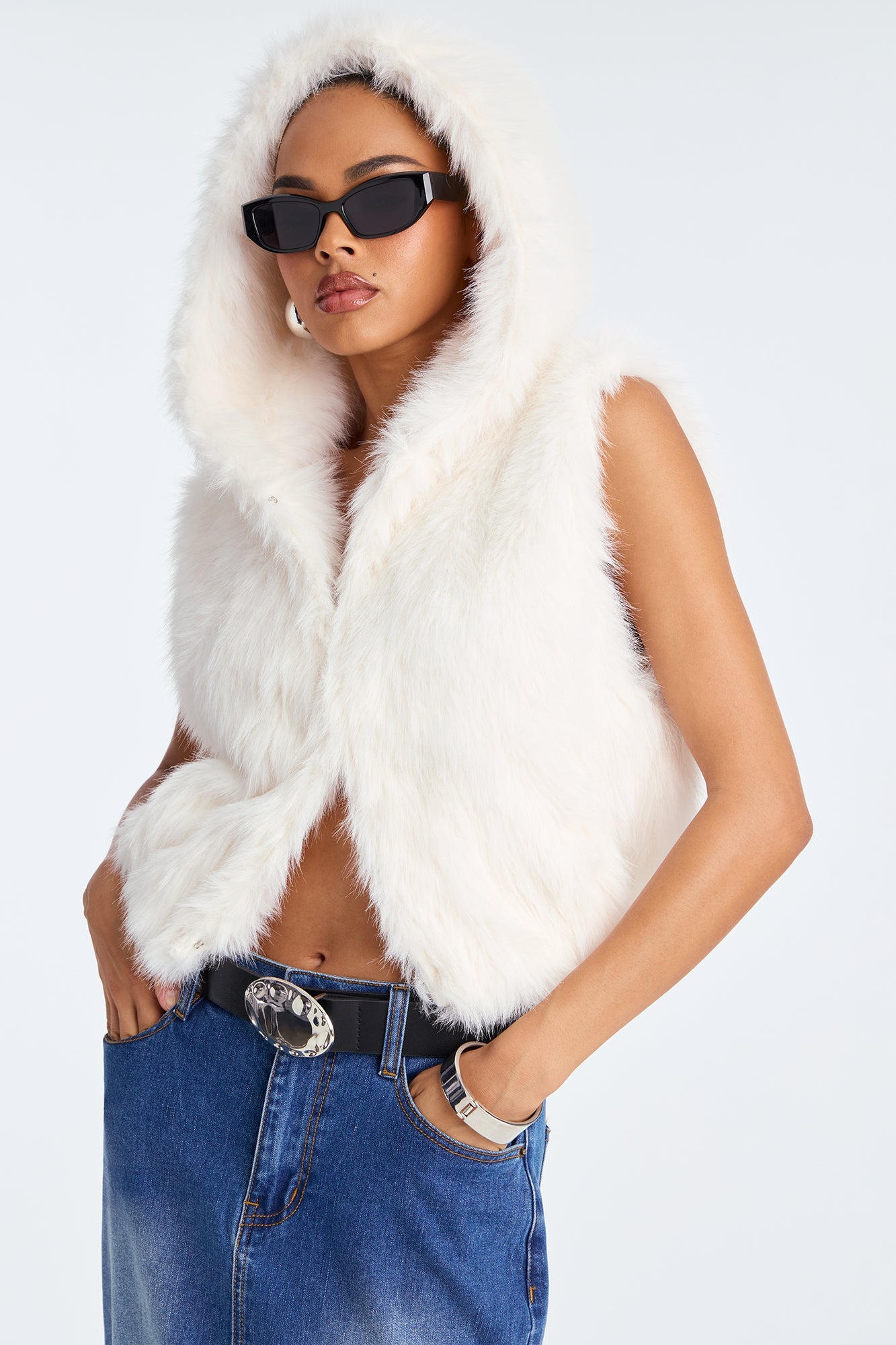 Eliza Faux Fur Hooded Vest - Cream