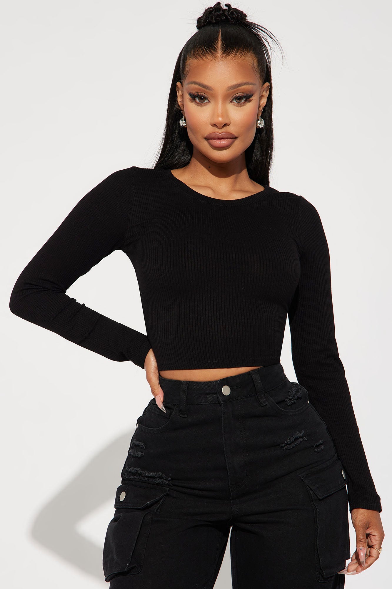 Jaclyn Cropped Long Sleeve Top - Black