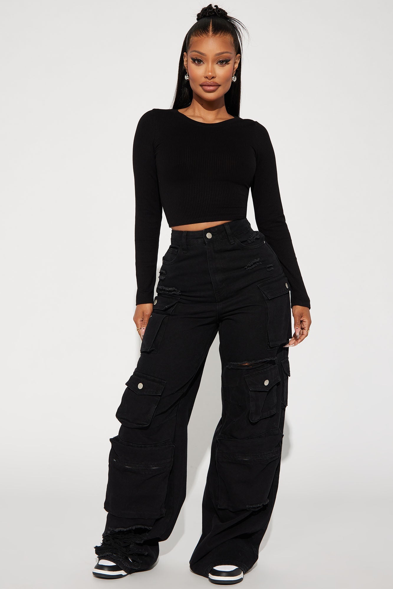 Jaclyn Cropped Long Sleeve Top - Black