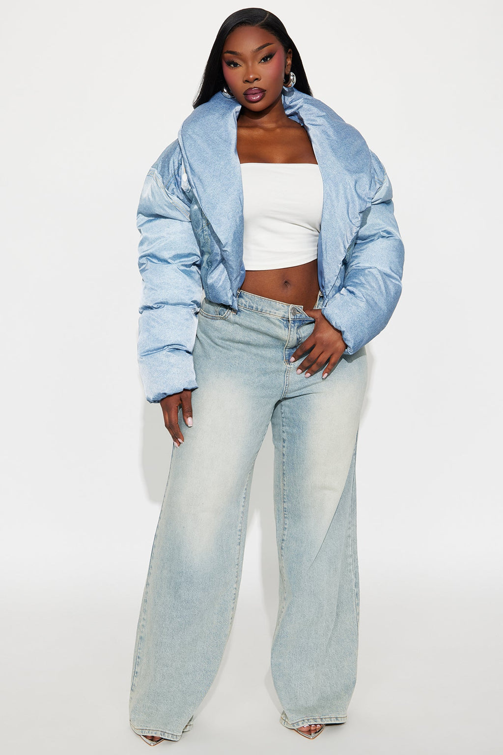 Jenna Cropped Faux Denim Puffer Coat - Denim