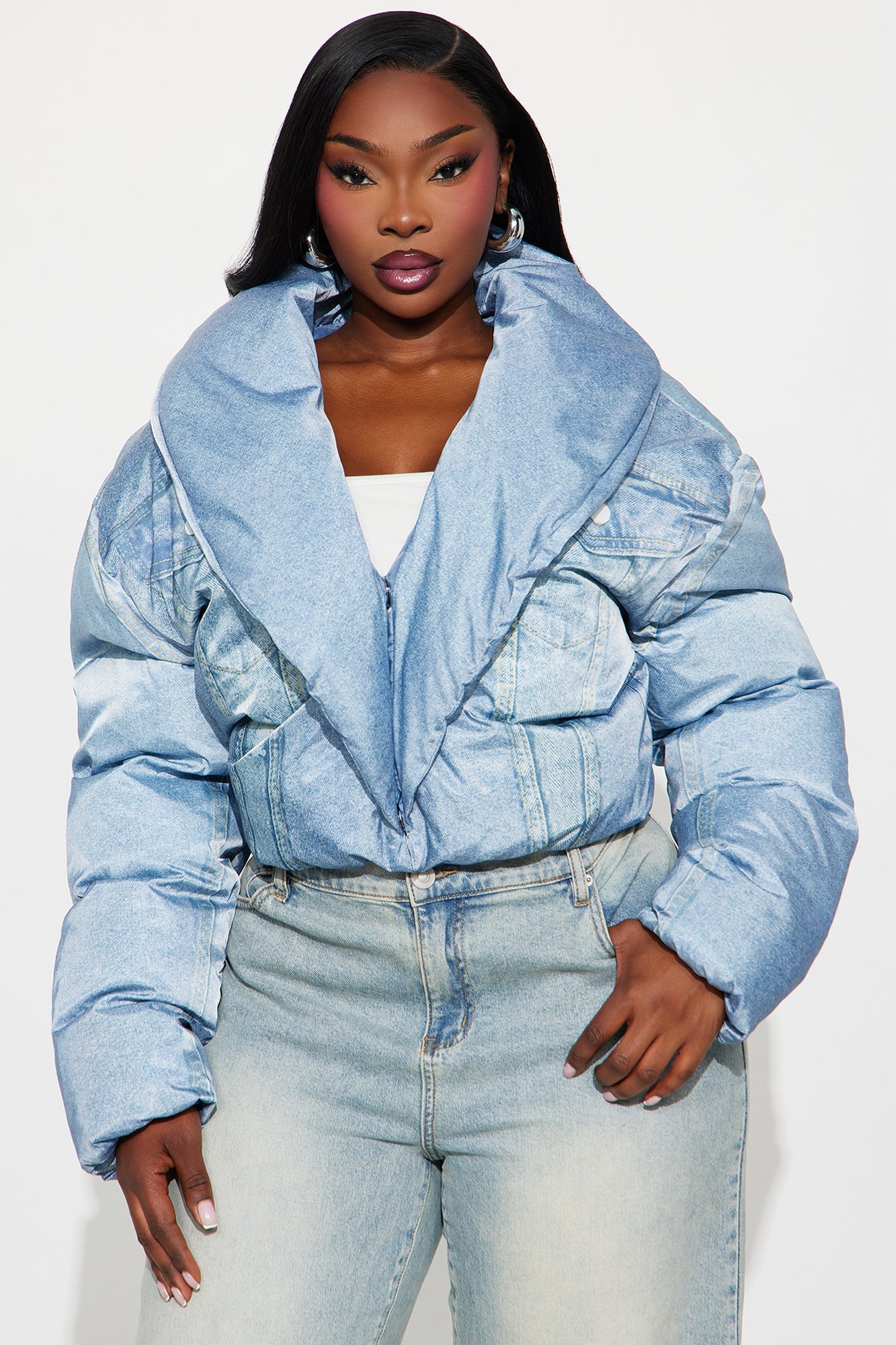 Jenna Cropped Faux Denim Puffer Coat - Denim