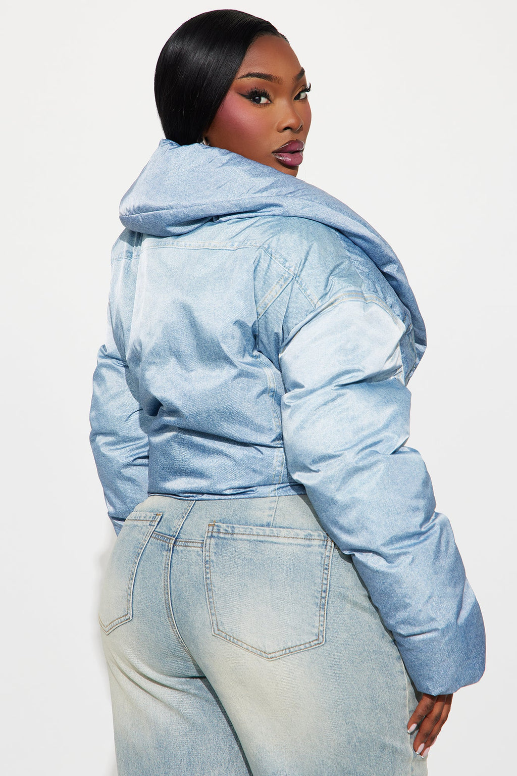 Jenna Cropped Faux Denim Puffer Coat - Denim