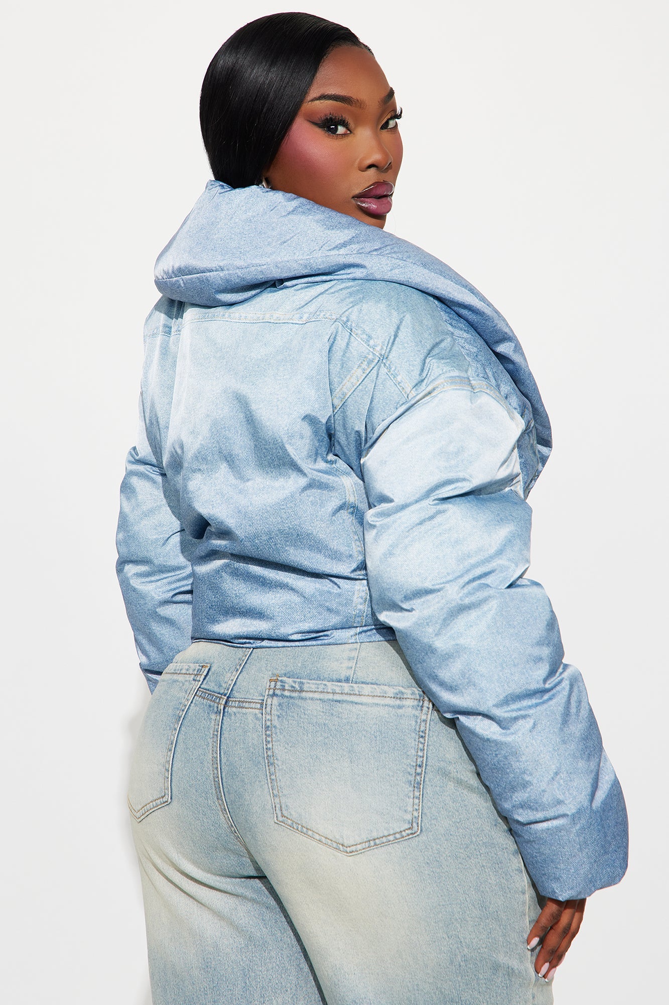Jenna Cropped Faux Denim Puffer Coat - Denim