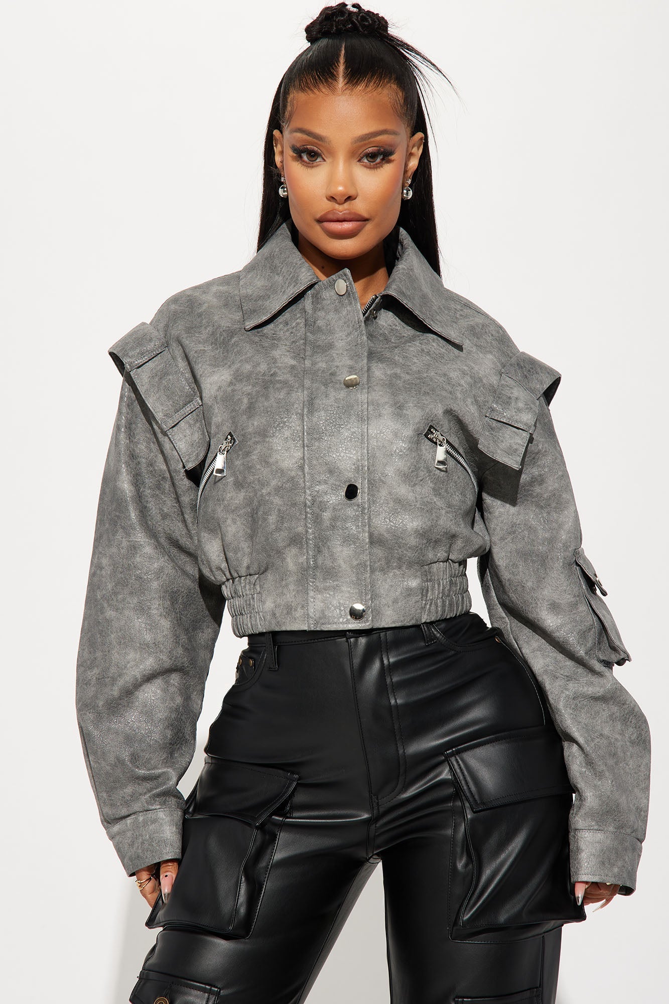 Harper Washed Faux Leather Jacket - Grey