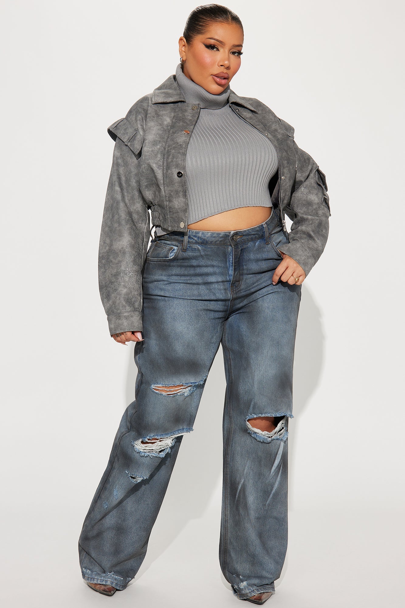 Harper Washed Faux Leather Jacket - Grey