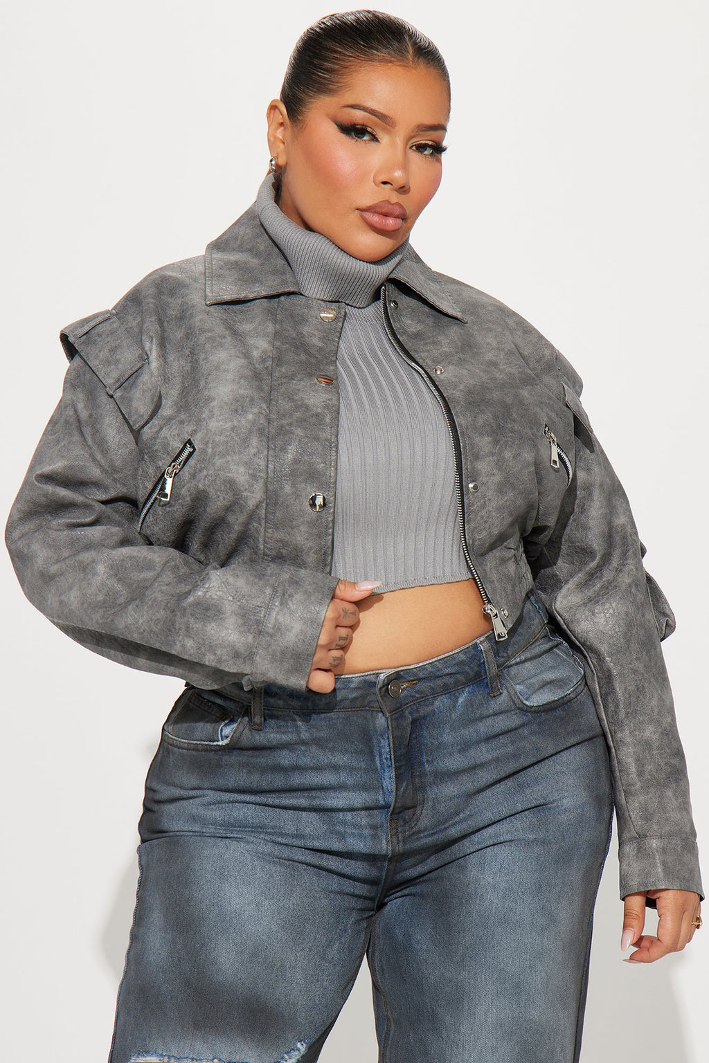 Harper Washed Faux Leather Jacket - Grey