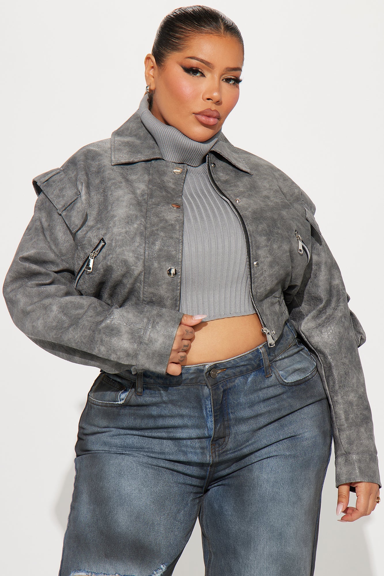 Harper Washed Faux Leather Jacket - Grey