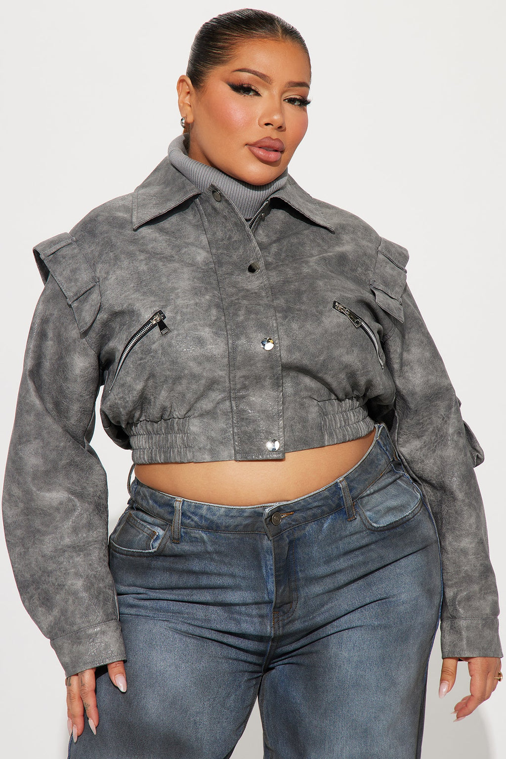 Harper Washed Faux Leather Jacket - Grey