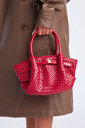 In The Moment Woven Faux Leather Satchel Handbag - Burgundy