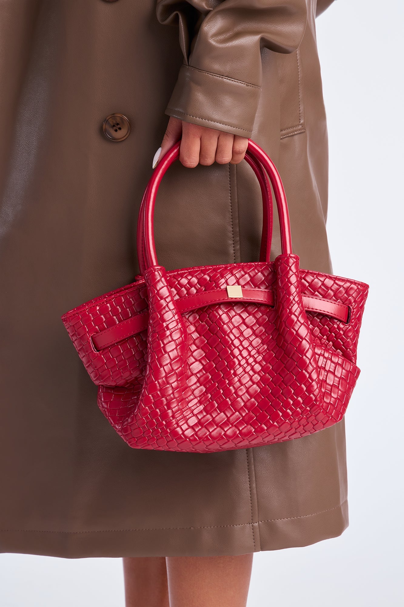 In The Moment Woven Faux Leather Satchel Handbag - Burgundy