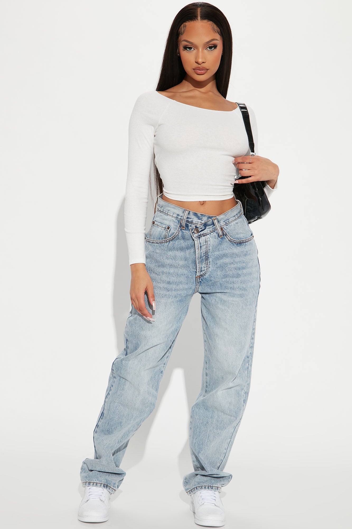 Step Waistband Crossover Jeans - Light Blue Wash