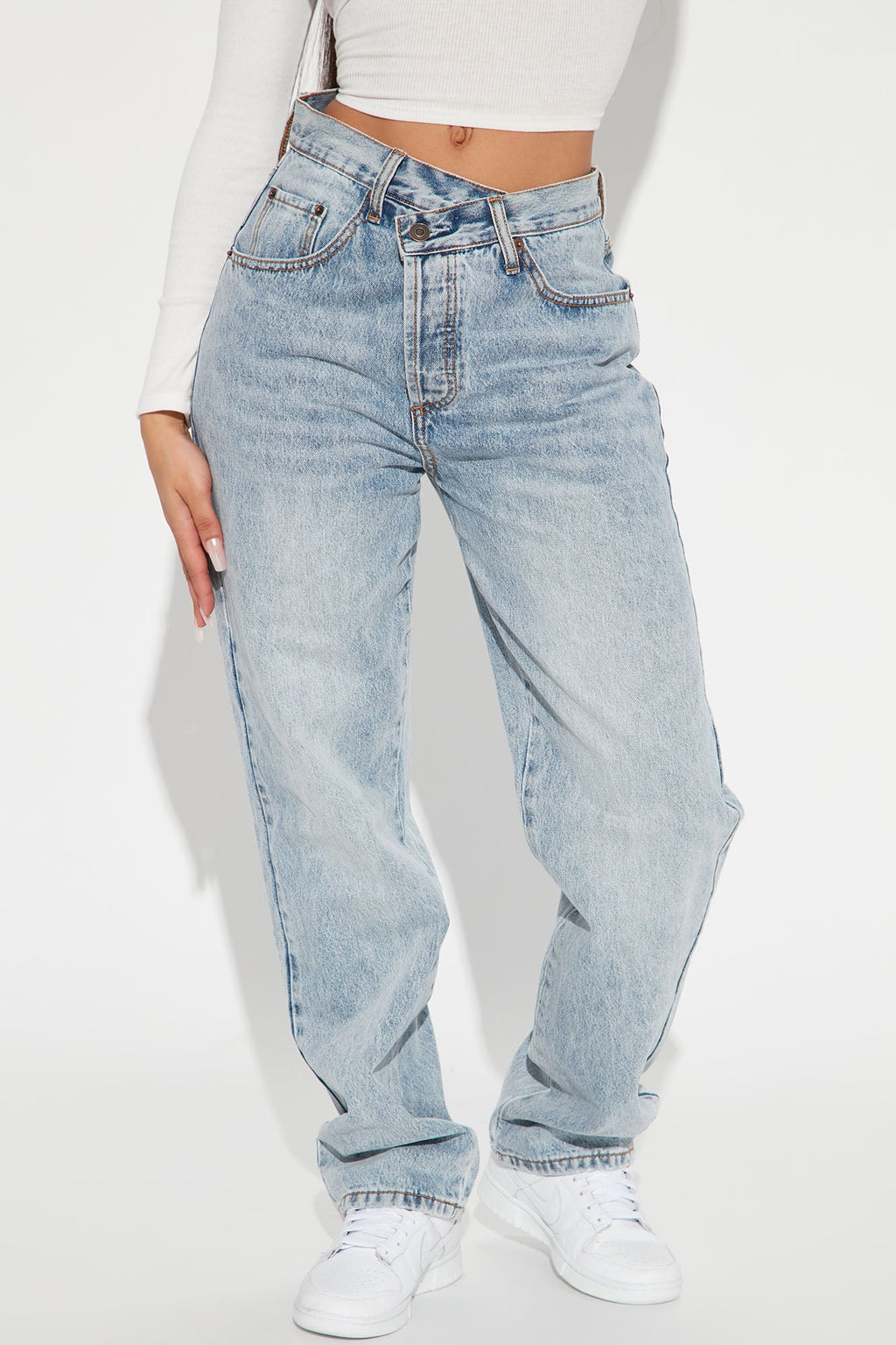 Step Waistband Crossover Jeans - Light Blue Wash