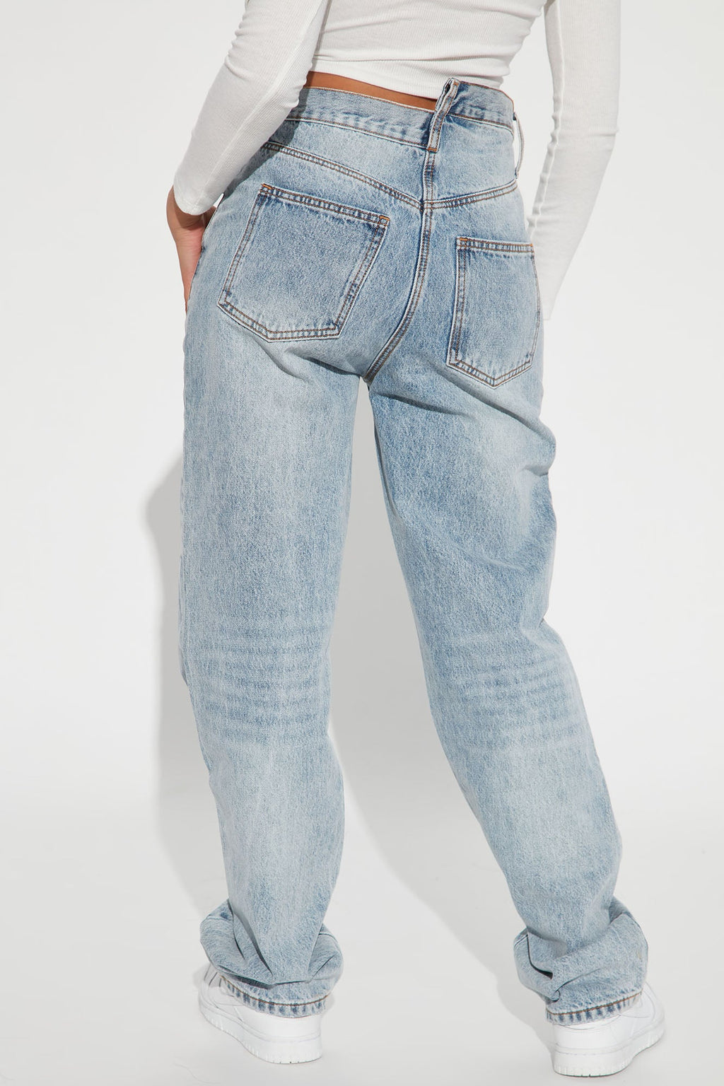 Step Waistband Crossover Jeans - Light Blue Wash